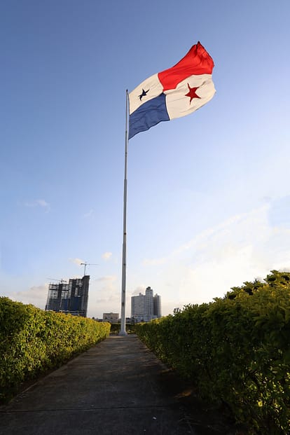 Vertical shot of the National flag of Panama with the skyline of Panama City in the background