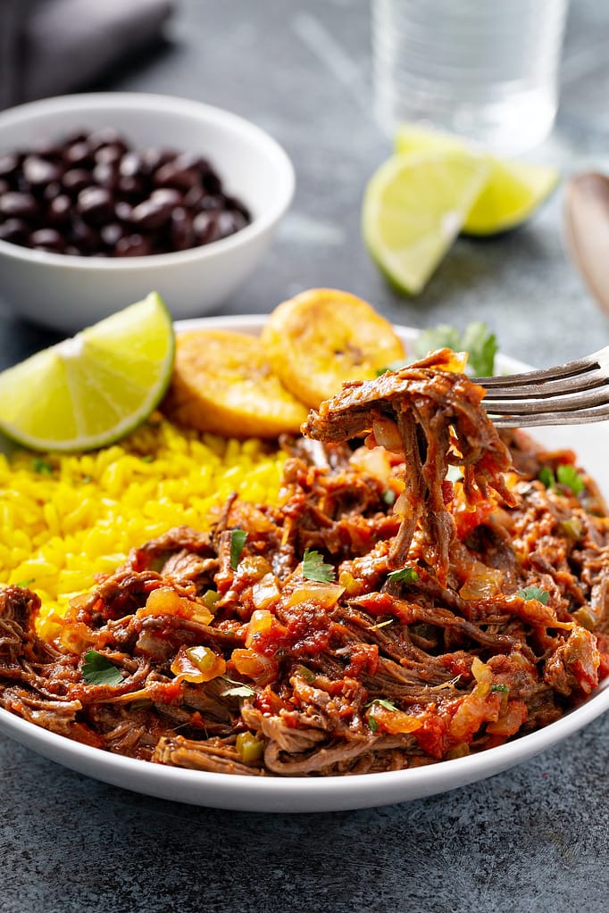 Ropa vieja, flank steak dish with rice