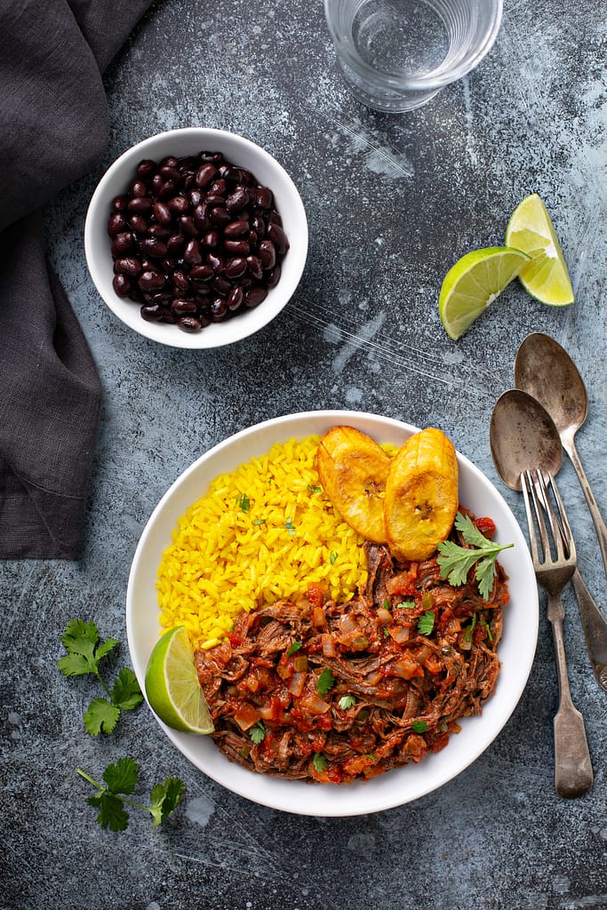 Ropa vieja, flank steak dish with rice