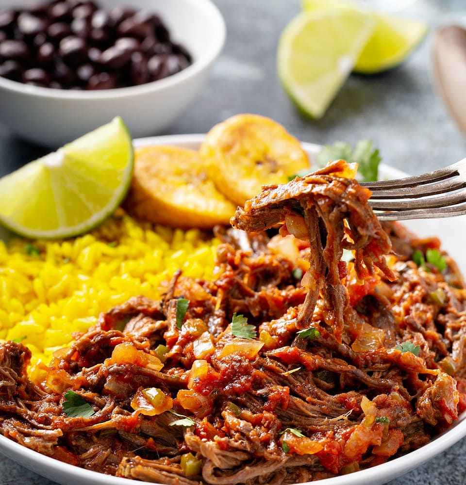 Ropa vieja, flank steak dish with rice