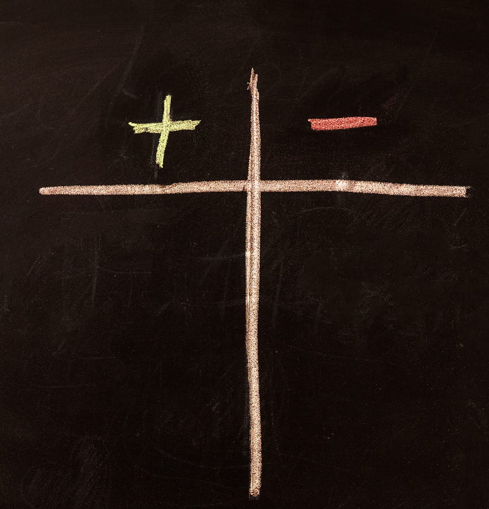 Pros and cons, plus contra minus, pink line between them, empty list on blackboard background.